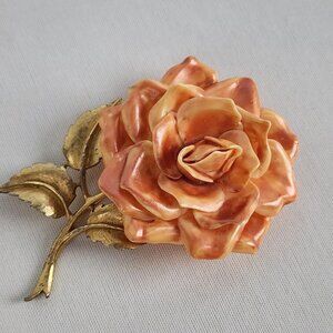 Vintage Gold Tone Orange Flower Brooch